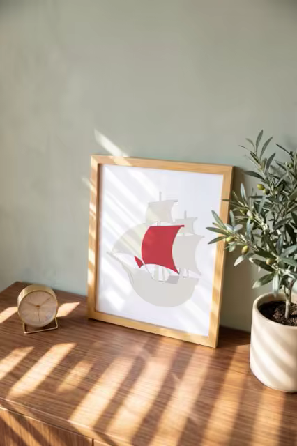 Framed Poster Mockup on a Walnut Sideboard